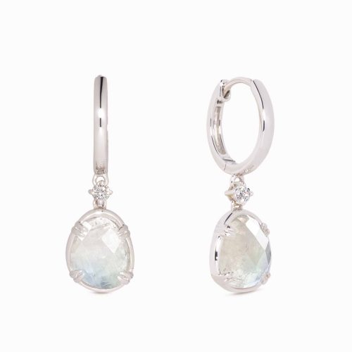 Silver drop earrings with organically-shaped rainbow moonstones and white cubic zirconia accents