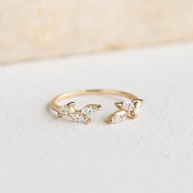 Open diamond leaf ring in 14k yellow gold