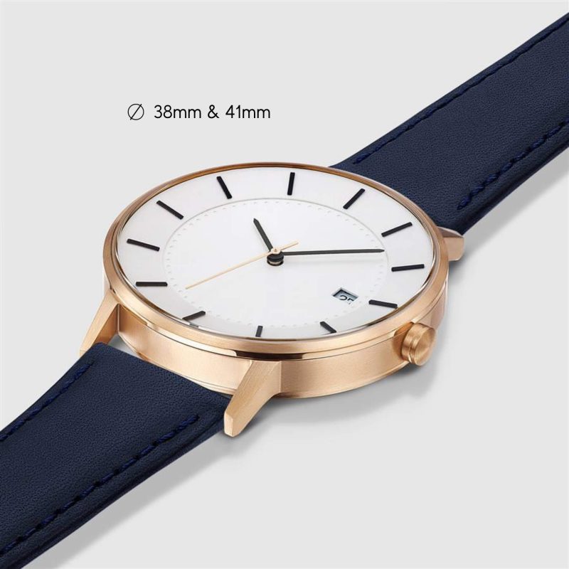 classic watch rose gold navy angle 1