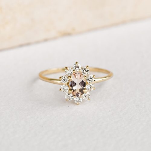 Morganite sunburst ring with lab grown diamond halo in 14k yellow gold