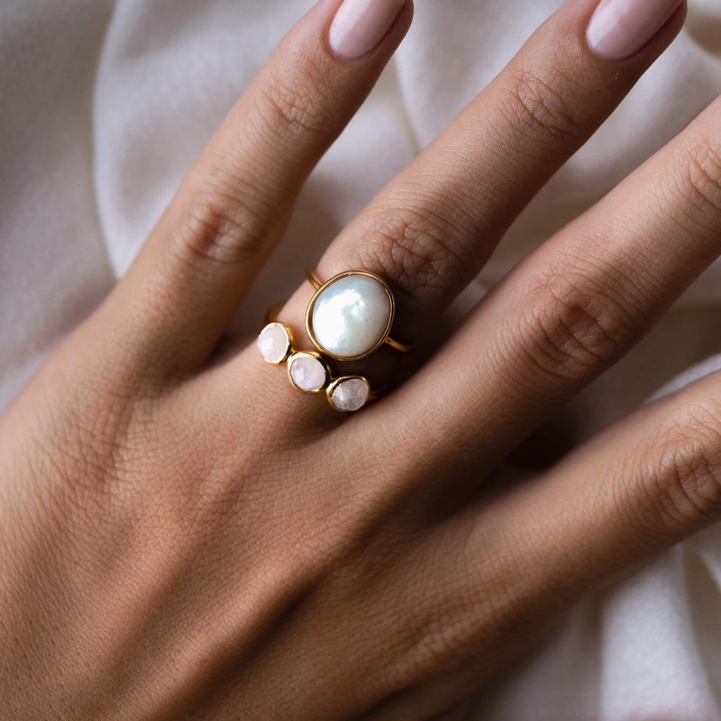 Gold vermeil statement ring set with mother of pearl and moonstones