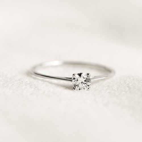 Solitaire lab grown diamond ring in 14k white gold