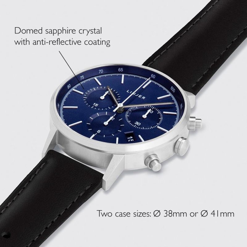 linjer chronograph blue dial silver black 2 angle dimensions