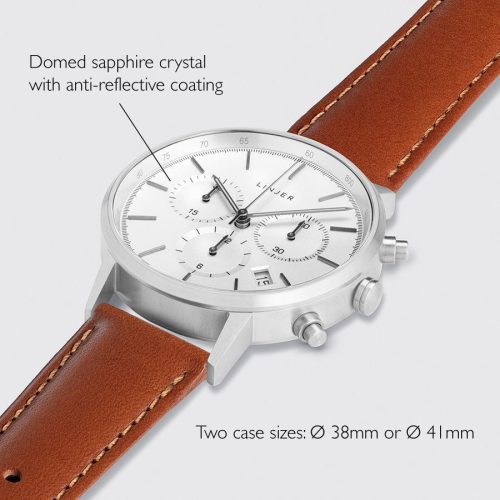 linjer chronograph silver dial silver tan 2 angle dimensions