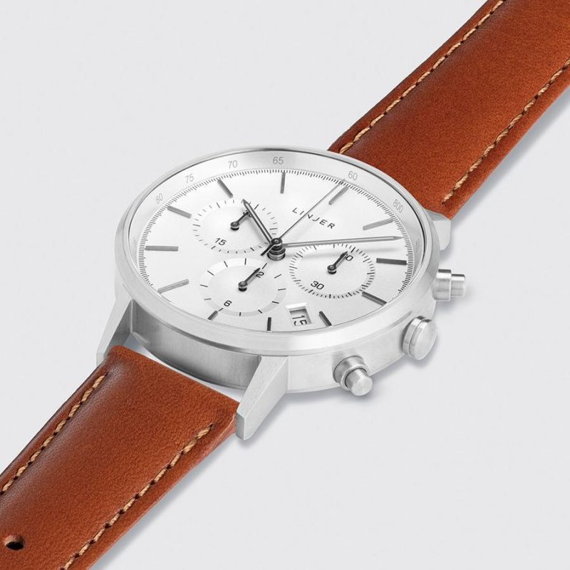 linjer chronograph silver dial silver tan 2 angle b0d56c60 0756 44b6 b87c 6c9816fefc09