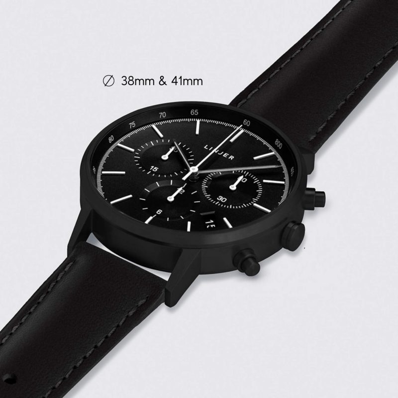 linjer chronograph watch black dial black angle