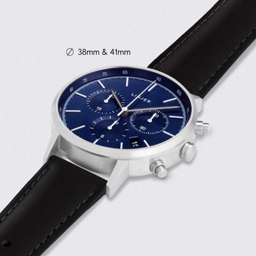 linjer chronograph watch blue dial silver black angle