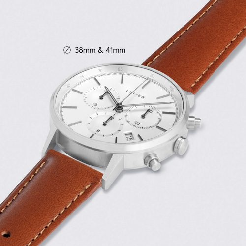 linjer chronograph watch silver dial silver tan angle