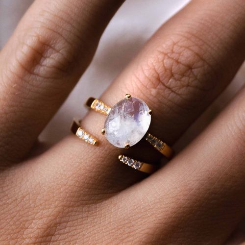 Gold ring set with open ring and moonstone ring with cubic zirconia tapered bands